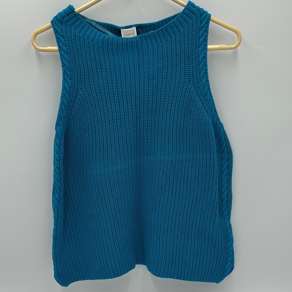 Cupio Ribbed Knit Sleeveless Sweater Vest XL Boat Neck Blue Layering Side Braid
